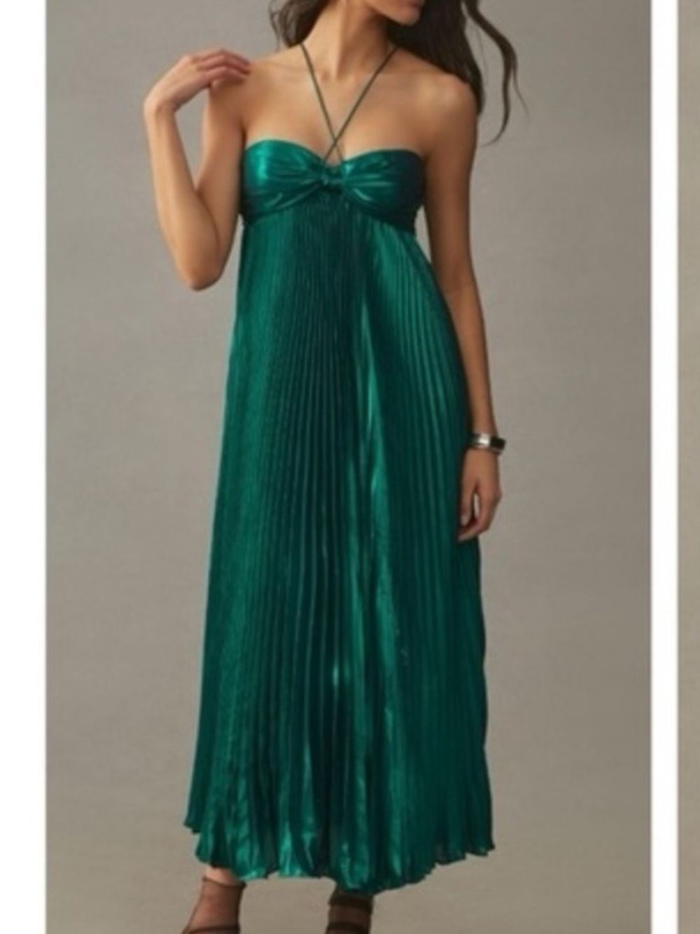 Anthropologie Reiss Roya Halter Neck Pleated Plisse Midi Dress Emerald Green M